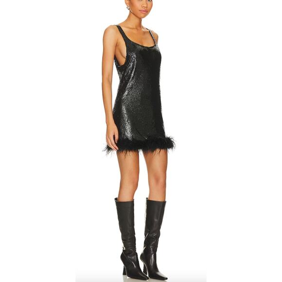 h:ours Black Chainmail Mini Dress MEDIUM Feather Club Cocktail Designer $268 NEW - Picture 2 of 8